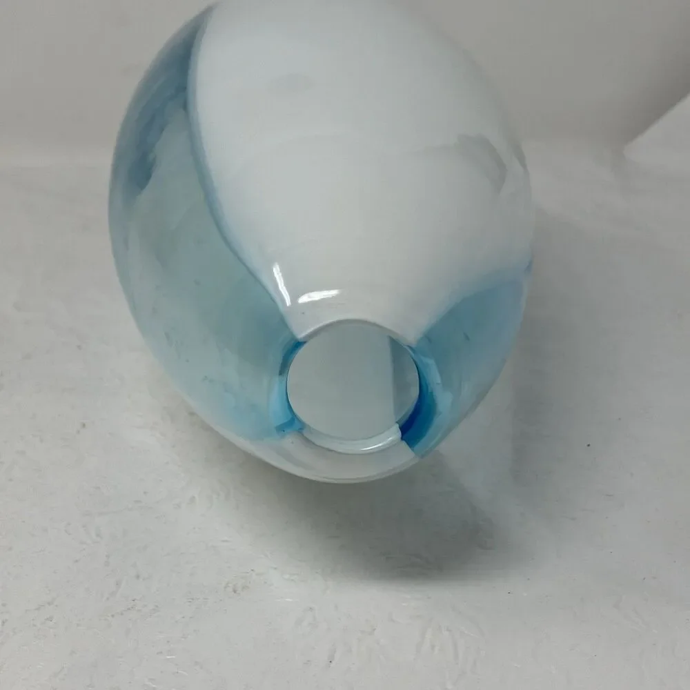 Vintage Hand Blown Translucent Blue And White Striped Art Glass Vase 8.5